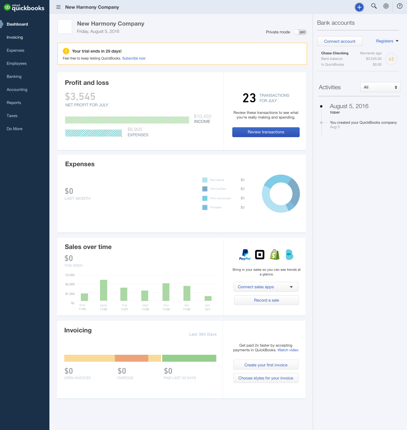 Old QuickBooks dashboard