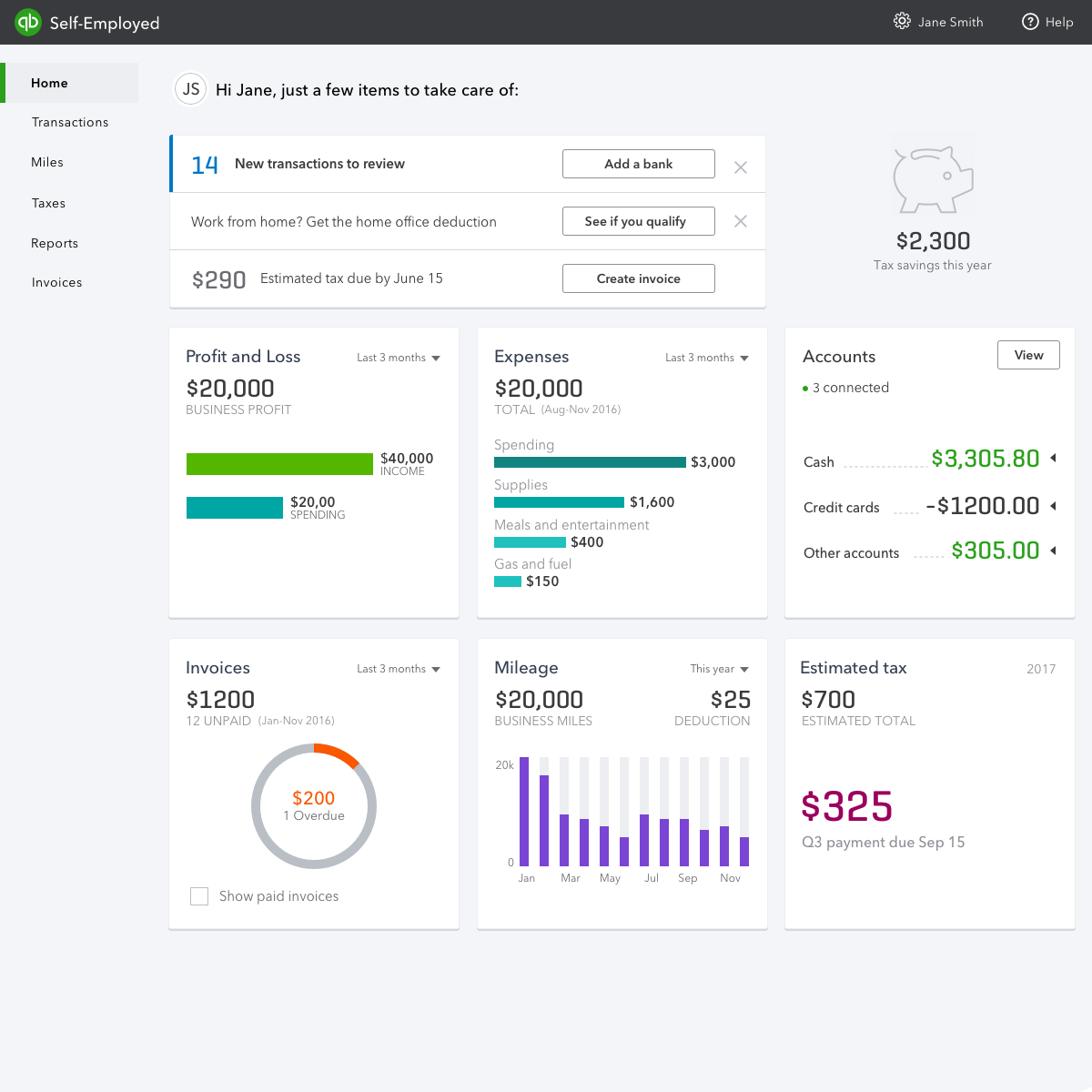QuickBooks Self Employed dashboard